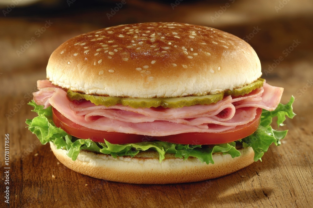 A close-up of a sesame seed bun sandwich filled with ham, lettuce, tomato, and pickles. A close-up of a sesame seed bun sandwich filled with ham, lettuce, tomato, and pickles.