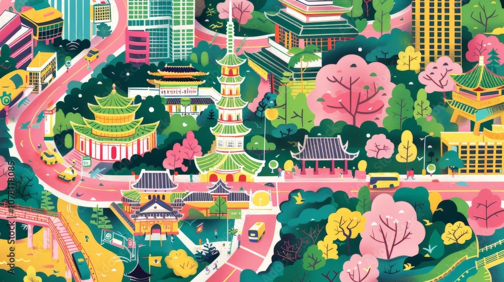 Obraz premium An illustrated map highlighting popular attractions and food spots on Yaowarat Road