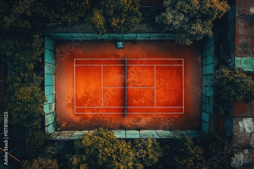 Drone shot of an empty tennis court in a city park, bird's-eye view, no people, surrounded by greenery, high resolution stock photo photo