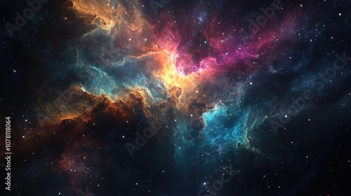 A vibrant cosmic nebula filled with dazzling colors of pink, blue, and orange against a starry backdrop.