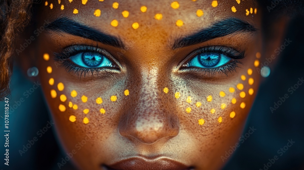 Close-up portrait of a woman with blue eyes and yellow face paint. Close-up portrait of a woman with blue eyes and yellow face paint.