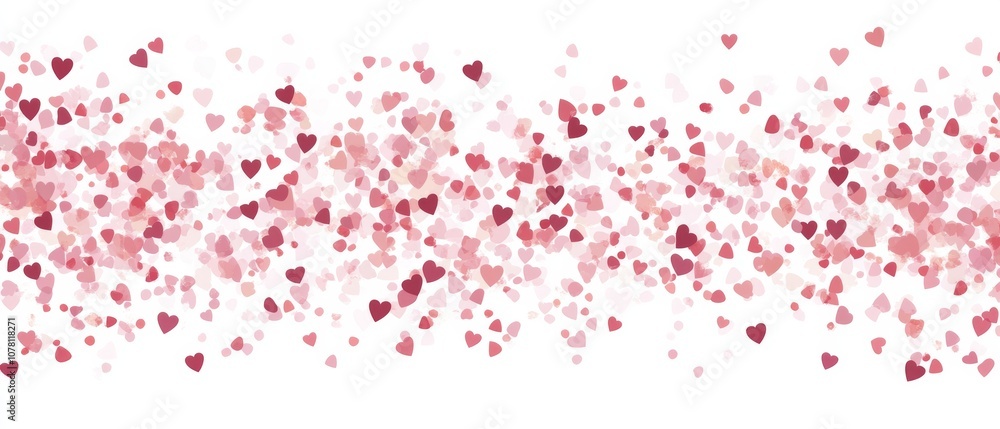 A row of pink hearts are scattered across a white background A row of pink hearts are scattered across a white background