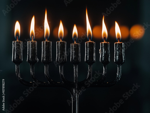 Lit menorah for Hanukkah with detailed focus photo