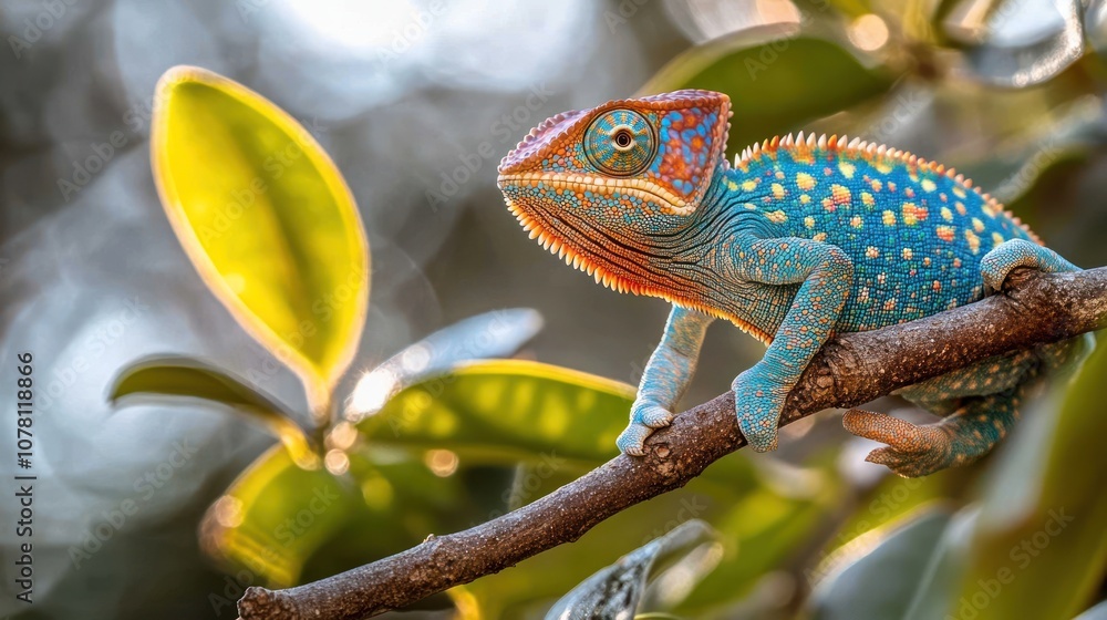 Fototapeta premium A vibrant chameleon perched on a branch, showcasing its intricate patterns and bright colors.