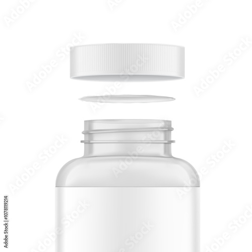 Clear eye-catching pill bottle with foil seal, safety cap mockup for supplements, vitamins, treats. Vector illustration isolated on white background. Mockup is ideal for health projects. EPS10.