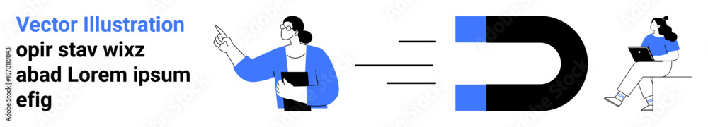 Person gesturing toward a magnet pulling in another person with a laptop. Ideal for digital marketing, client acquisition, engagement, business growth, online strategies, lead generation, audience Person gesturing toward a magnet pulling in another person with a laptop. Ideal for digital marketing, client acquisition, engagement, business growth, online strategies, lead generation, audience