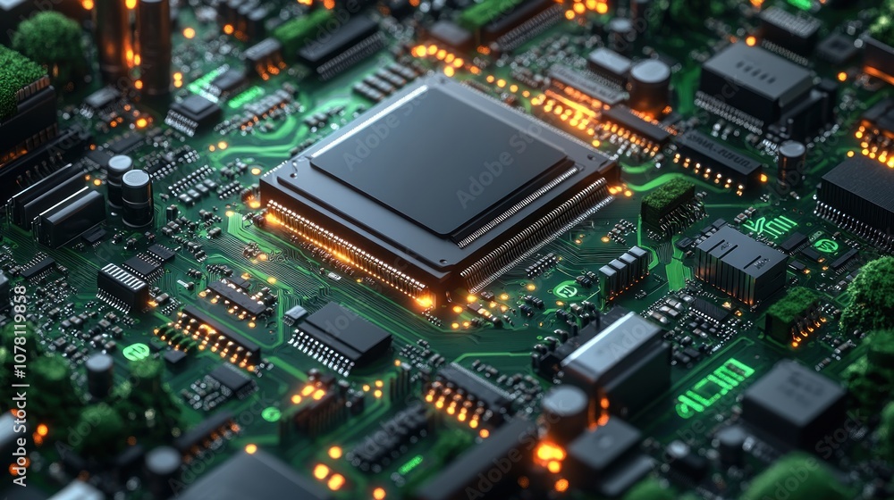 Close-up of a circuit board with glowing components and details. Close-up of a circuit board with glowing components and details.