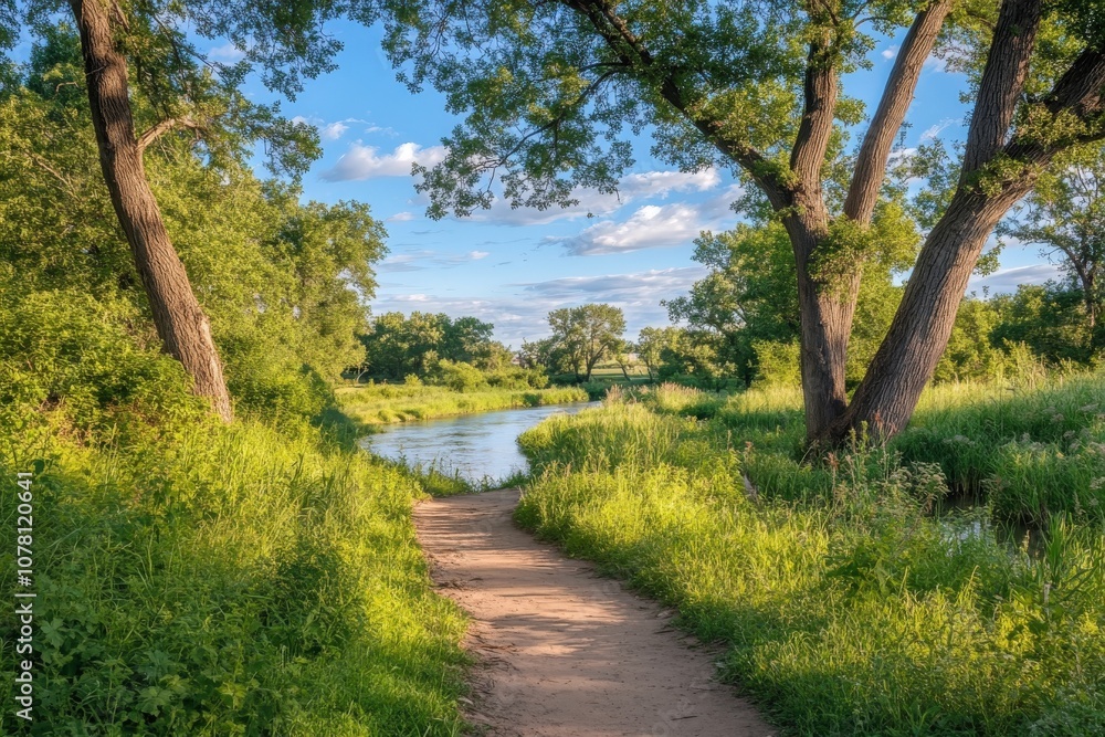 Winding Path Through a Lush Green Riverbank Under a Sunny Sky Winding Path Through a Lush Green Riverbank Under a Sunny Sky