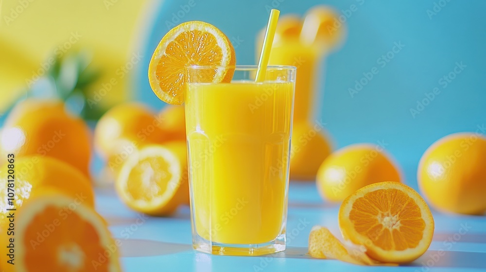 Naklejka premium A glass of orange juice with a straw, garnished with an orange slice, surrounded by whole oranges and orange slices on a blue surface.