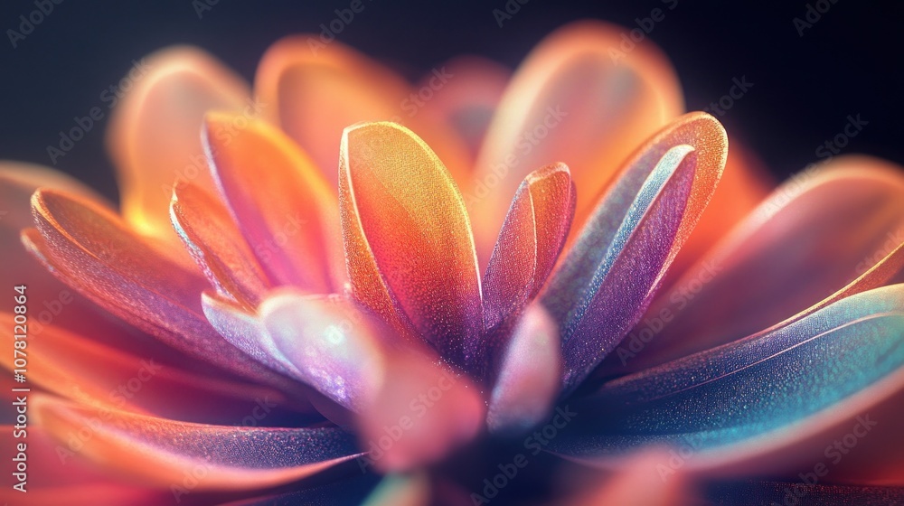 A close-up view of a colorful flower with iridescent petals shimmering in soft light. A close-up view of a colorful flower with iridescent petals shimmering in soft light.