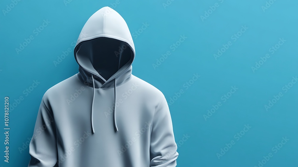 A minimalist representation of a hoodie against a blue background, emphasizing fashion and style. A minimalist representation of a hoodie against a blue background, emphasizing fashion and style.