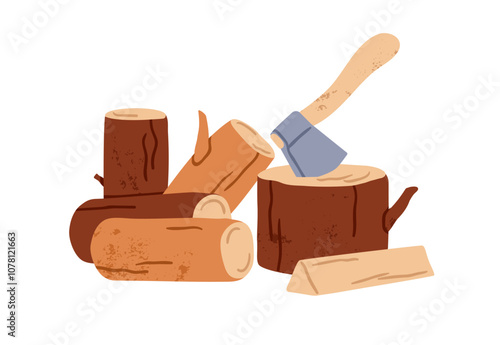 Axe and chopped wood logs. Firewood, timber pile. Wooden lumber heap, ax tool for cutting hardwood, forest. Survival country activity. Rural flat vector illustration isolated on white background