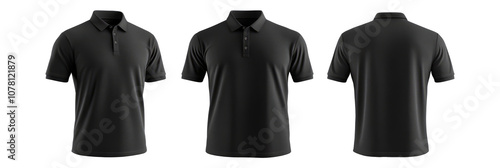 Black collar polo tee shirt set with front, back, and side views cutout in a white background. A mockup template for graphic design artwork.