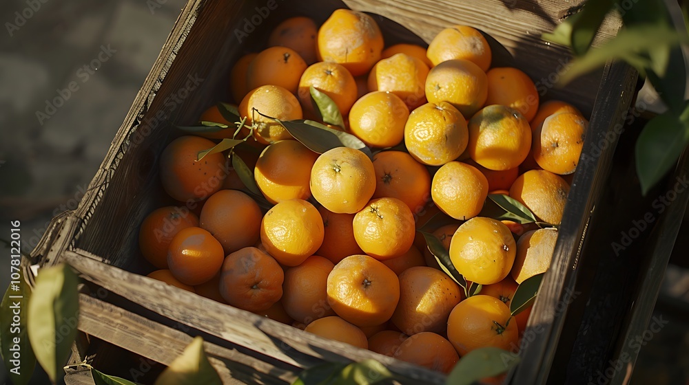 Oranges that have just been plucked are lying in an oak container Oranges that have just been plucked are lying in an oak container
