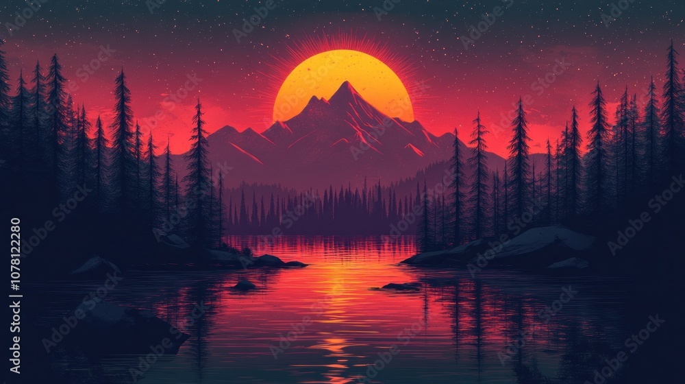 A vibrant sunset over a mountain range reflected in a still lake, with a forest in the foreground. A vibrant sunset over a mountain range reflected in a still lake, with a forest in the foreground.