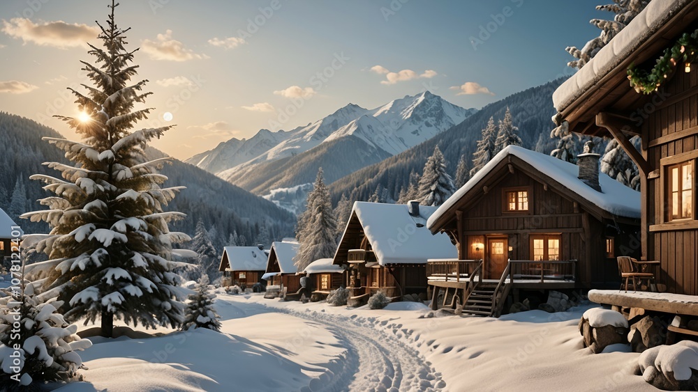 Snow-covered village with cabins and mountains at sunset. Snow-covered village with cabins and mountains at sunset.