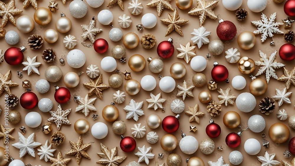 Assorted red, gold, and white Christmas ornaments and stars on a beige background. Assorted red, gold, and white Christmas ornaments and stars on a beige background.