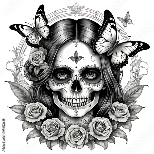 engraving drawing of gothic girl skull and butterfly on white background, tattoo art, created by Generative AI