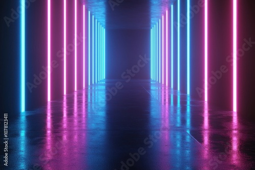 A futuristic corridor illuminated by vibrant blue and pink neon lights, creating a surreal atmosphere.