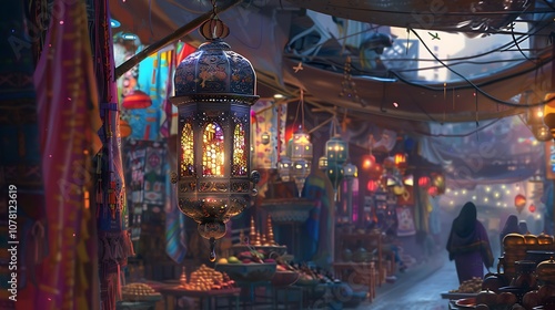 Ornate lantern hanging in a vibrant middle eastern marketplace illustration