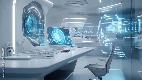 Futuristic control room with holographic interfaces and sleek de