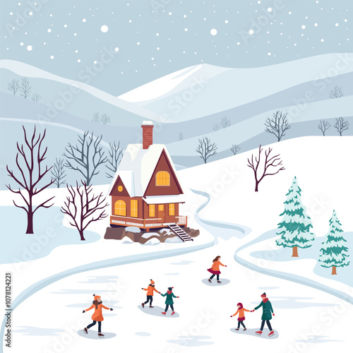 Winter scene featuring a cozy cabin in snowy mountains with a group of people ice skating on a frozen lake. Starry night sky, bare trees, and snow-covered landscape create a festive holiday atmosphere