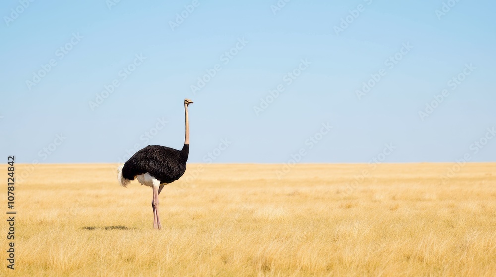 Naklejka premium Majestic Ostrich Walking Through the Vast Desert Landscape