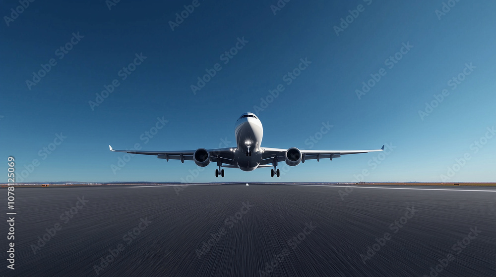 Obraz premium Wide-angle perspective of a modern airplane on an open runway, framed by a crystal-clear sky, embodying freedom, speed, and the spirit of adventure