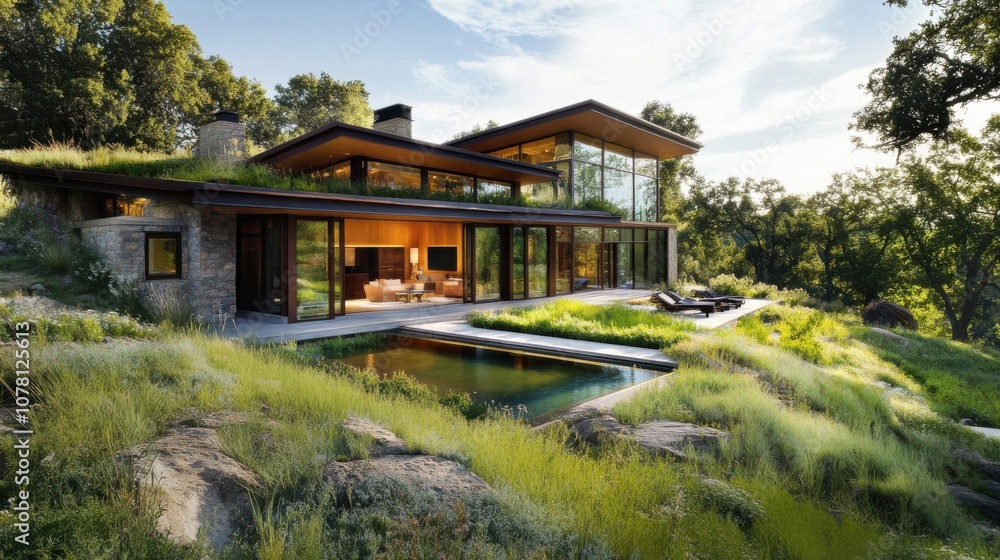 Eco-friendly home against vibrant green natural backdrop Eco-friendly home against vibrant green natural backdrop