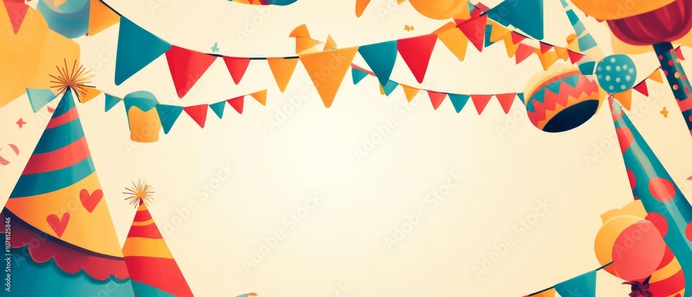 A colorful banner with a bunch of party decorations including balloons A colorful banner with a bunch of party decorations including balloons
