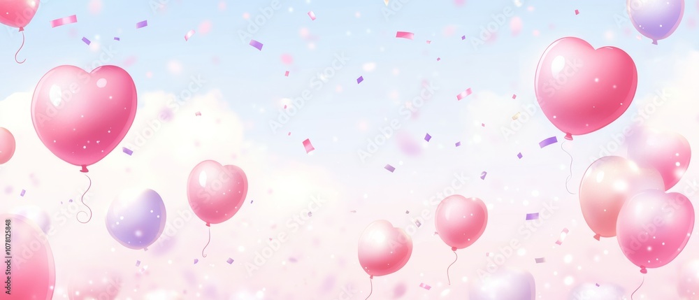 A bunch of pink balloons with hearts on them are flying in the air A bunch of pink balloons with hearts on them are flying in the air