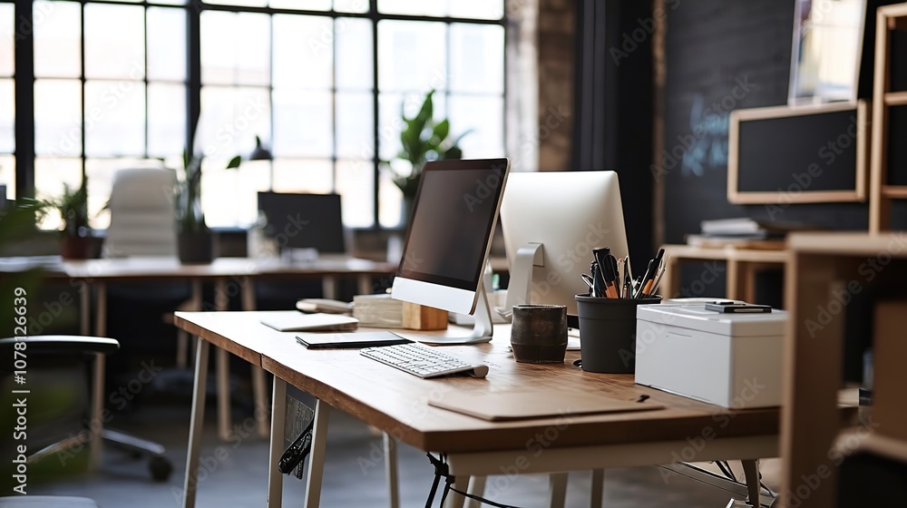 Modern office setup with computer on desk and blackboard Modern office setup with computer on desk and blackboard