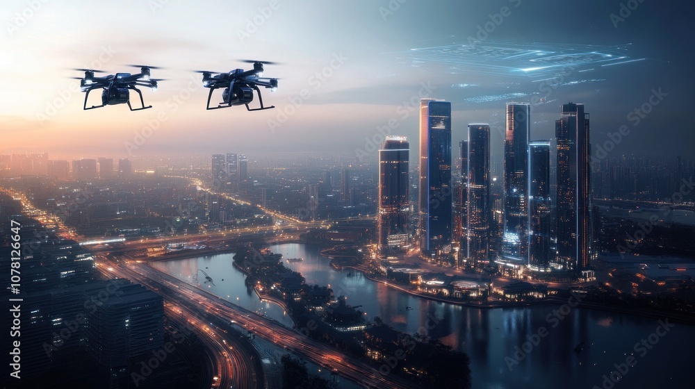 A futuristic cityscape with drones flying over skyscrapers at dusk. A futuristic cityscape with drones flying over skyscrapers at dusk.