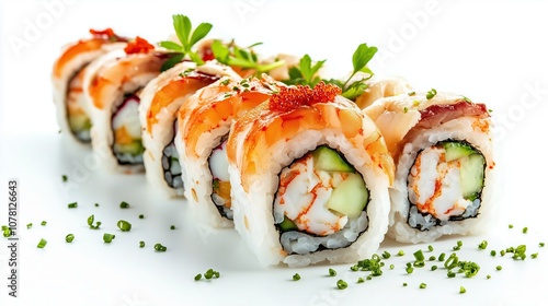 Delicious sushi rolls on a white background