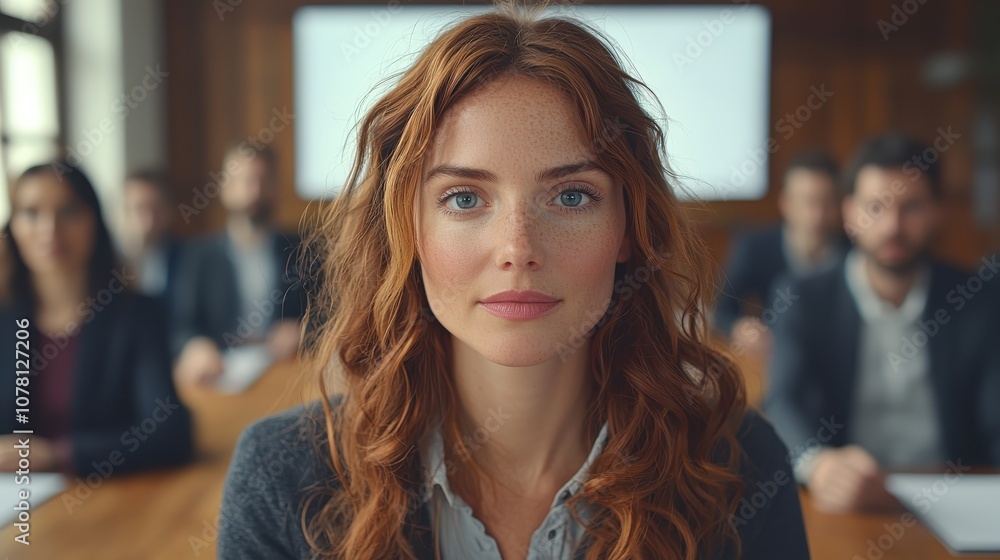 Businesswoman presenting in a conference room, diverse team of colleagues listening attentively, projector screen in the background, professional office setting, serious atmosphere Businesswoman presenting in a conference room, diverse team of colleagues listening attentively, projector screen in the background, professional office setting, serious atmosphere