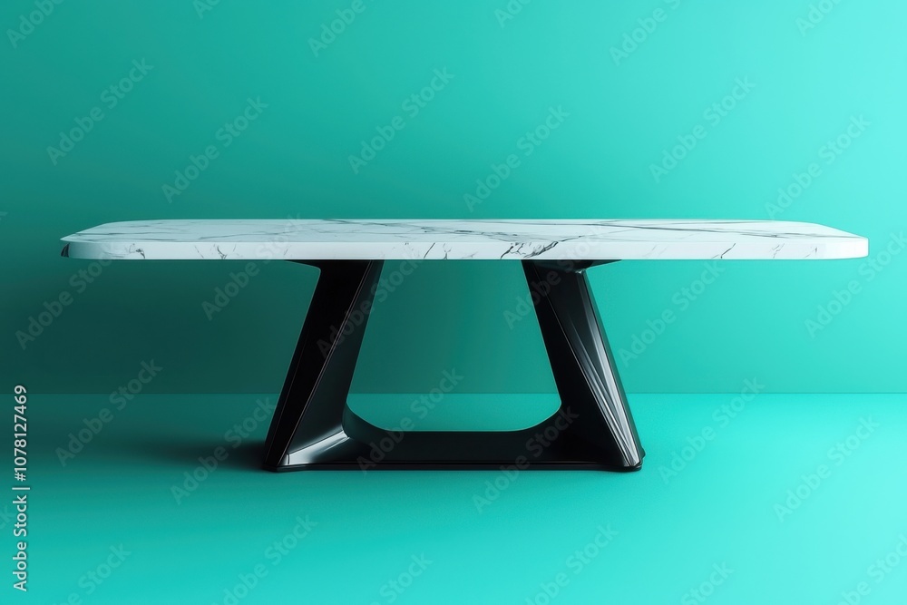A modern table with a marble top and sleek black base against a turquoise background. A modern table with a marble top and sleek black base against a turquoise background.