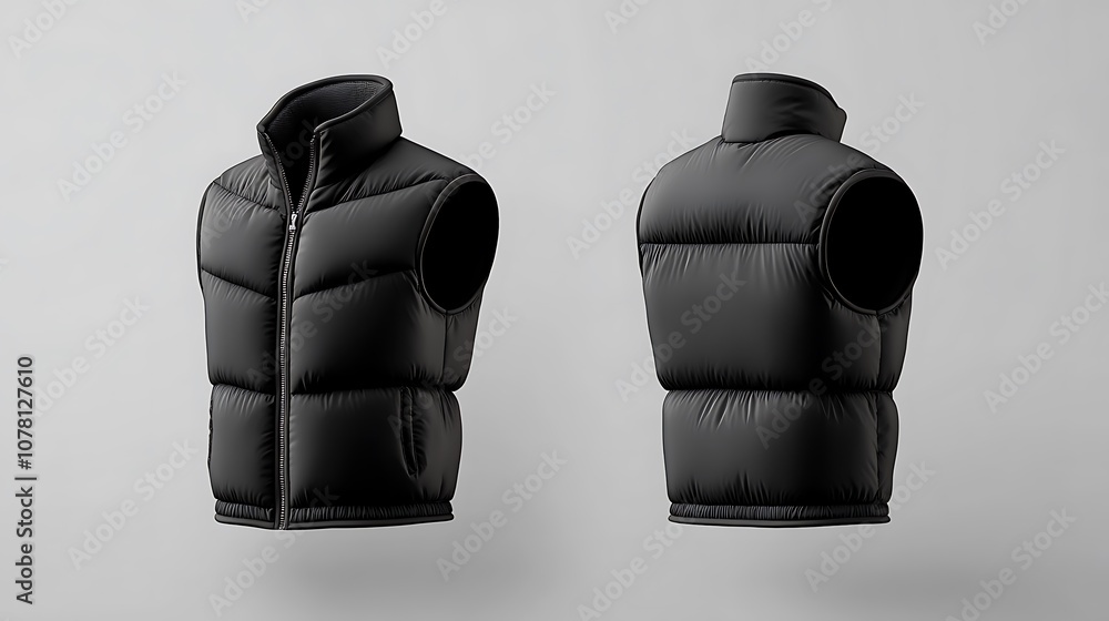 Naklejka premium A black puffer vest displayed from front and back views, showcasing its design and functionality.
