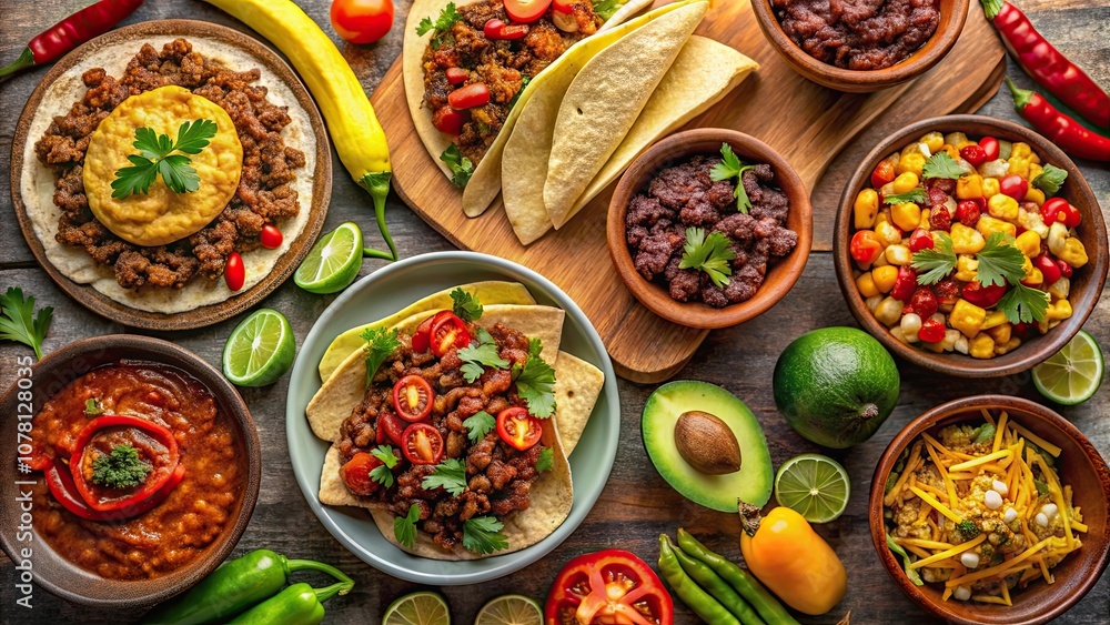 Assorted Mexican food with fajitas, chili con carne and nachos topped with avocado, beef and cheese, Mexican, food Assorted Mexican food with fajitas, chili con carne and nachos topped with avocado, beef and cheese, Mexican, food