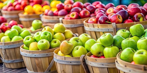 Vibrantly colored apples and green apples displayed in wooden baskets at a farmers market , apples