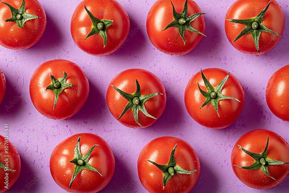 Red tomatoes arranged in a neat pattern on a purple background. Red tomatoes arranged in a neat pattern on a purple background.