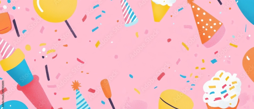 A pink background with a bunch of colorful confetti and party items A pink background with a bunch of colorful confetti and party items