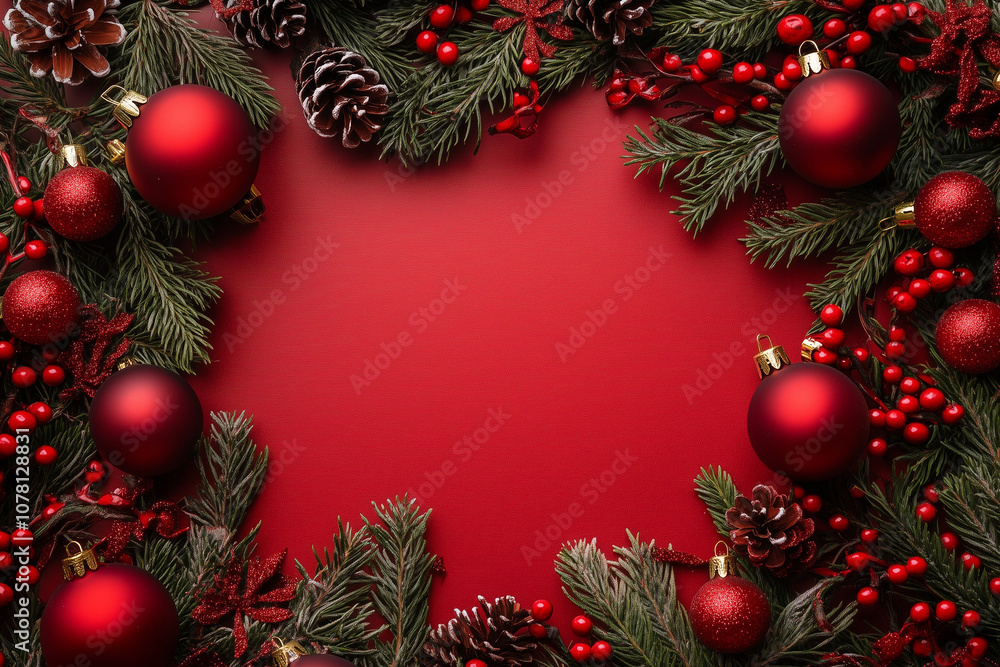 red christmas background with pine branches and red balls red christmas background with pine branches and red balls
