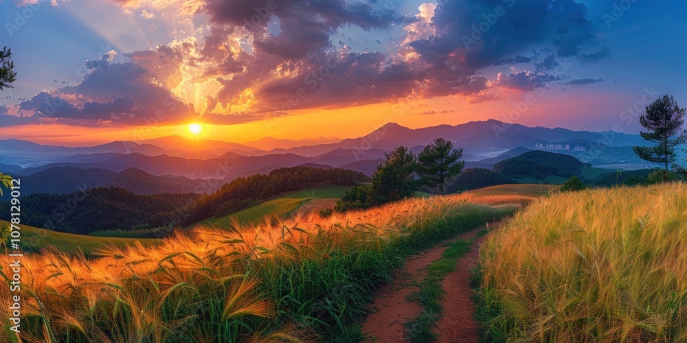 Golden Sunset Over the Mountain Range Golden Sunset Over the Mountain Range