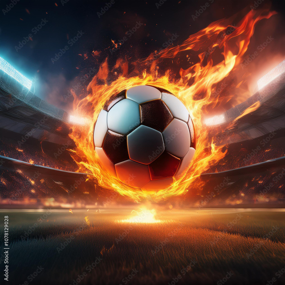 Fototapeta premium Football on fire, football stadium, spotlights, football stands