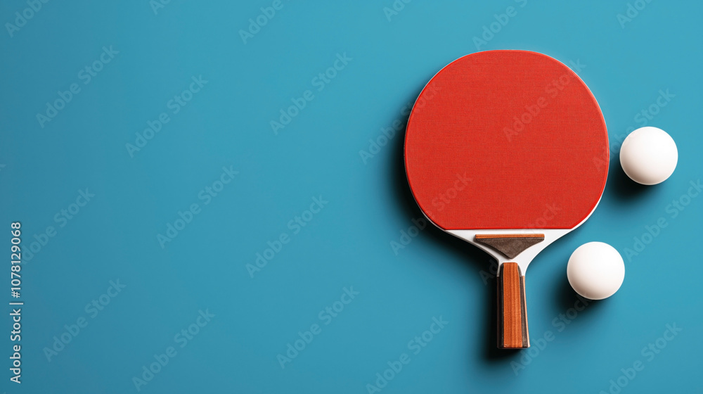 Table tennis paddle with red rubber and two white ping pong balls on a blue background with shadow effect. Table tennis paddle with red rubber and two white ping pong balls on a blue background with shadow effect.