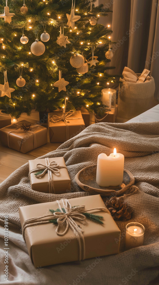 Warm and inviting Christmas setting with a decorated tree, wrapped gifts, and glowing candles Warm and inviting Christmas setting with a decorated tree, wrapped gifts, and glowing candles