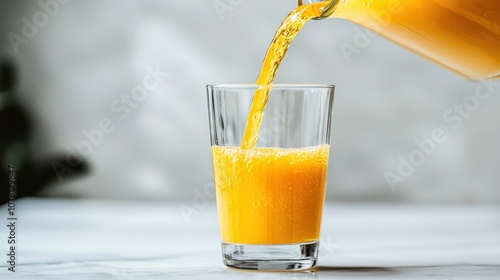 A refreshing orange drink is being poured into a glass. photo