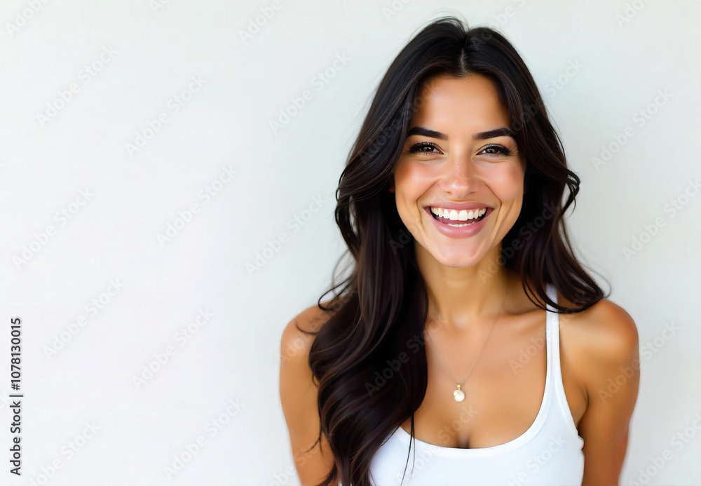 Beautiful girl with long hair smiling broadly on white background Beautiful girl with long hair smiling broadly on white background
