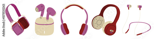 Set of wireless headphones of different types. With a charging case or in the form of a headband. Personal listening to music and podcasts. High-quality sound. Vector illustration