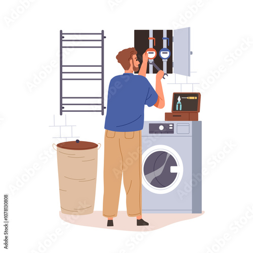 Water meter repair. Plumber repairman fixing, installing plumbing equipment, setting utility, adjusting pipes in bathroom, laundry room. Flat vector illustration isolated on white background